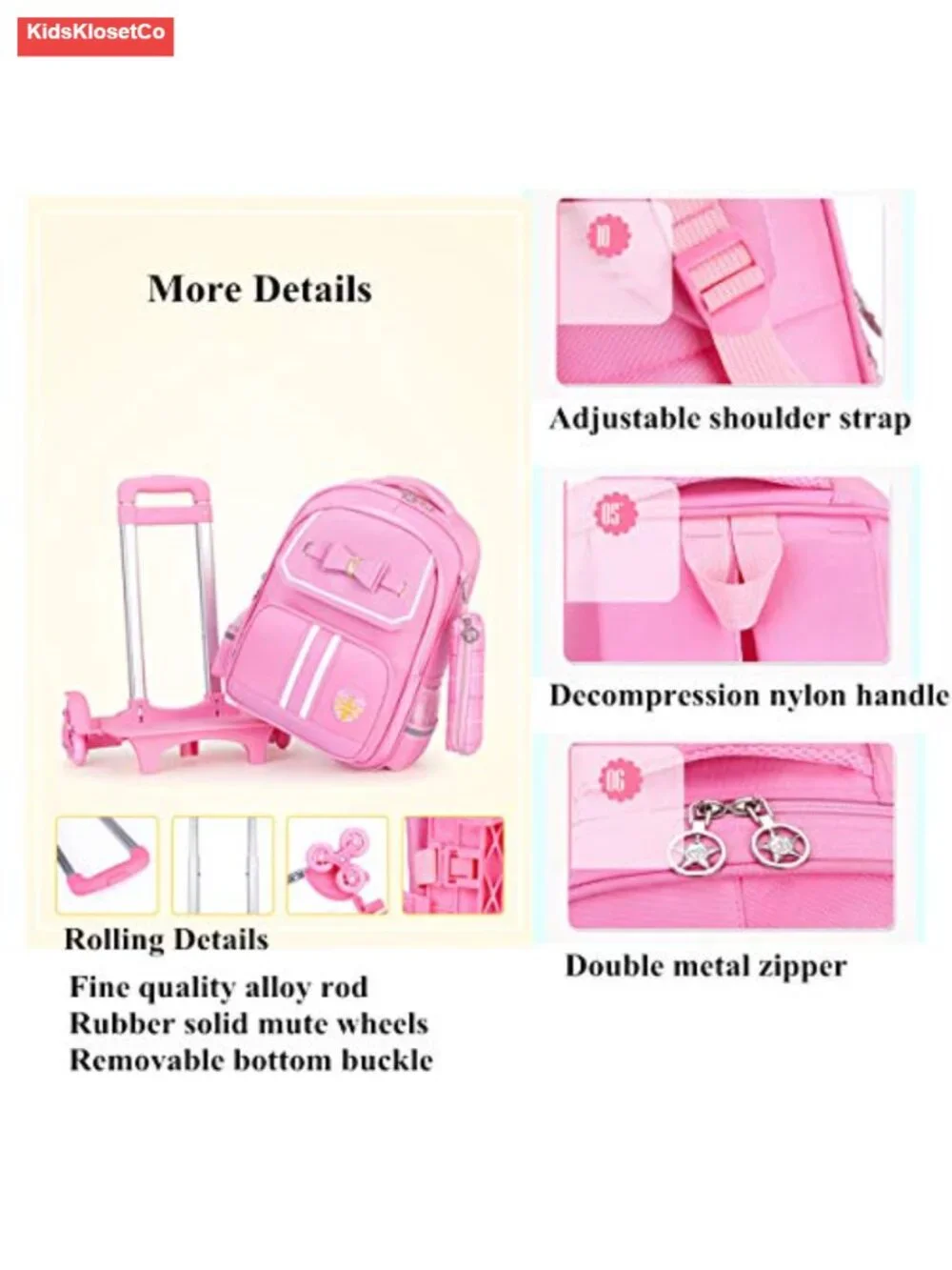 Kids Rolling Backpack with Wheels Cute Bowknot Carry-on for School Trolley